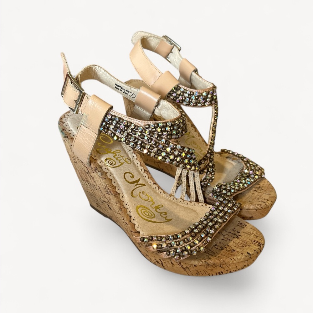 Naughty Monkey Tan Gold Heels with Cork Wedge